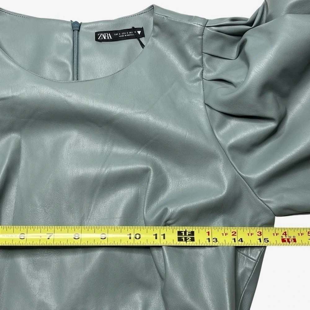 NWT ZARA Faux Leather Mini Dress Puff Sleeve Zip Wrist Green Blogger Fave - Picture 7 of 13